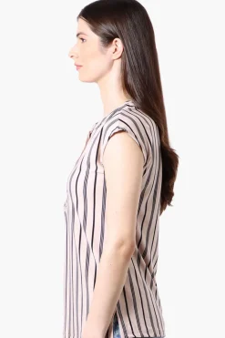 International INC Company Striped Cap Sleeve Henley Shirt - Cream