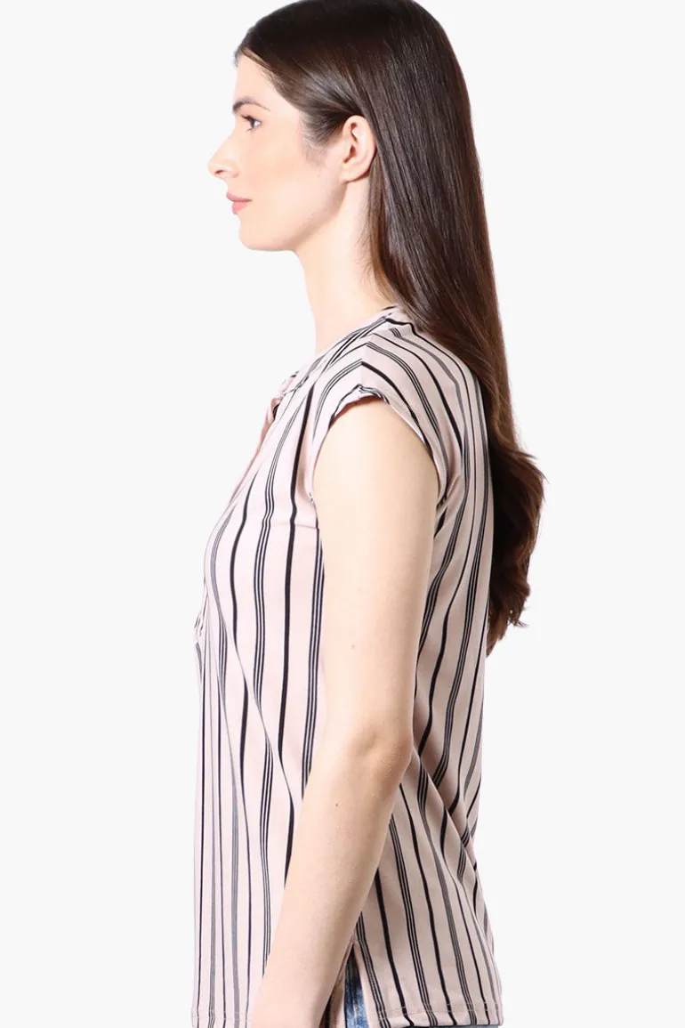 International INC Company Striped Cap Sleeve Henley Shirt - Cream
