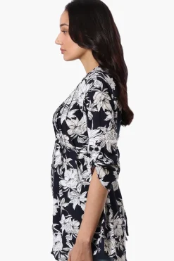 International INC Company Floral Pintuck Blouse - Navy