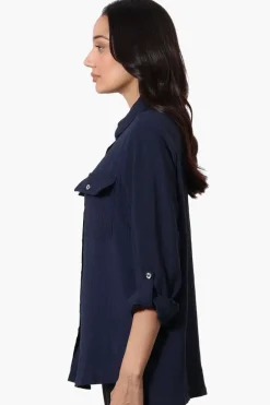International INC Company Button Down Roll Up Sleeve Shirt - Navy