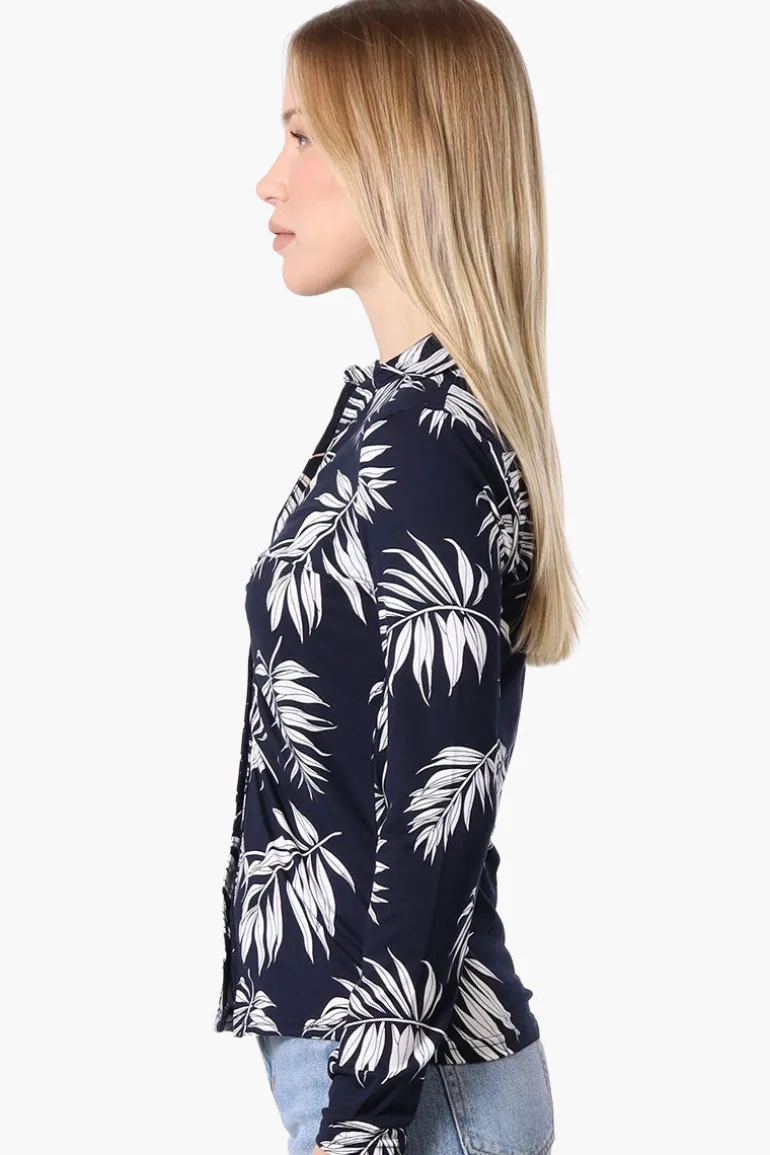 International INC Company Floral Ruched Button Down Shirt - Navy