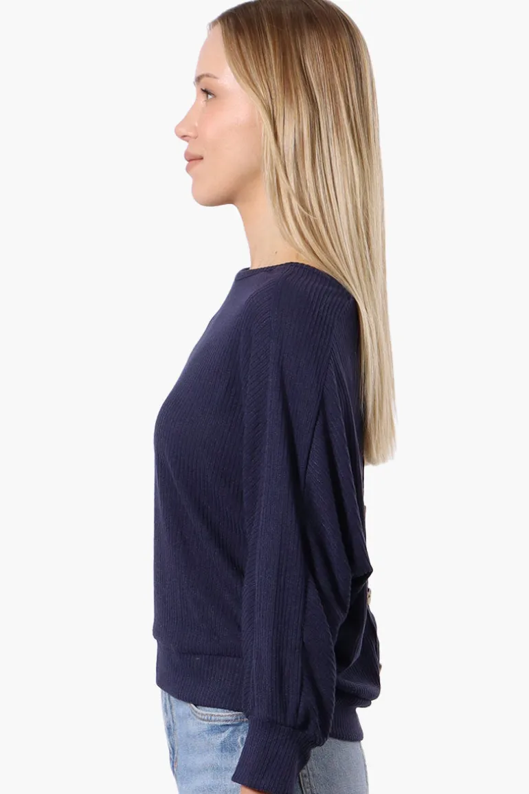 International INC Company Ribbed Button Back Detail Pullover Sweater - Navy