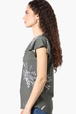 International INC Company Floral Ruffle Sleeve Tee - Olive