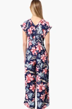 International INC Company Floral Crossover Wide Leg Jumpsuit - Navy