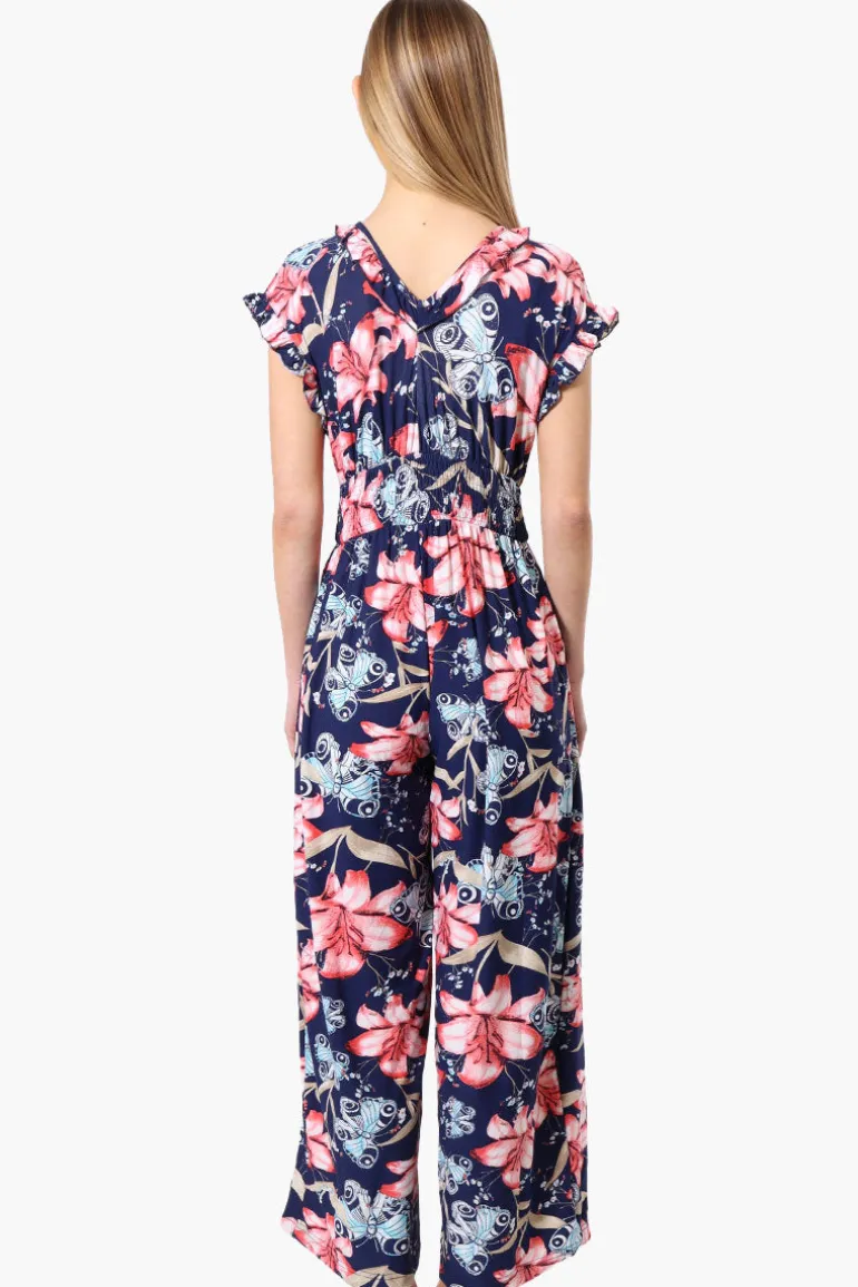 International INC Company Floral Crossover Wide Leg Jumpsuit - Navy