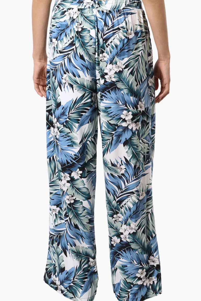 International INC Company Leaf Print Tie Waist Palazzo Pants - Blue