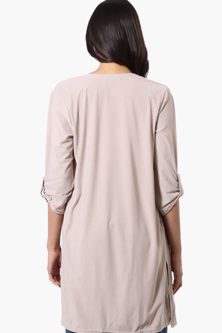 International INC Company Roll Up Sleeve Open Duster Cardigan - Beige