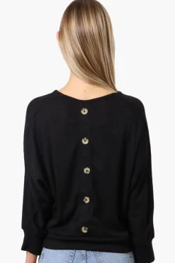 International INC Company Ribbed Button Back Detail Pullover Sweater - Black