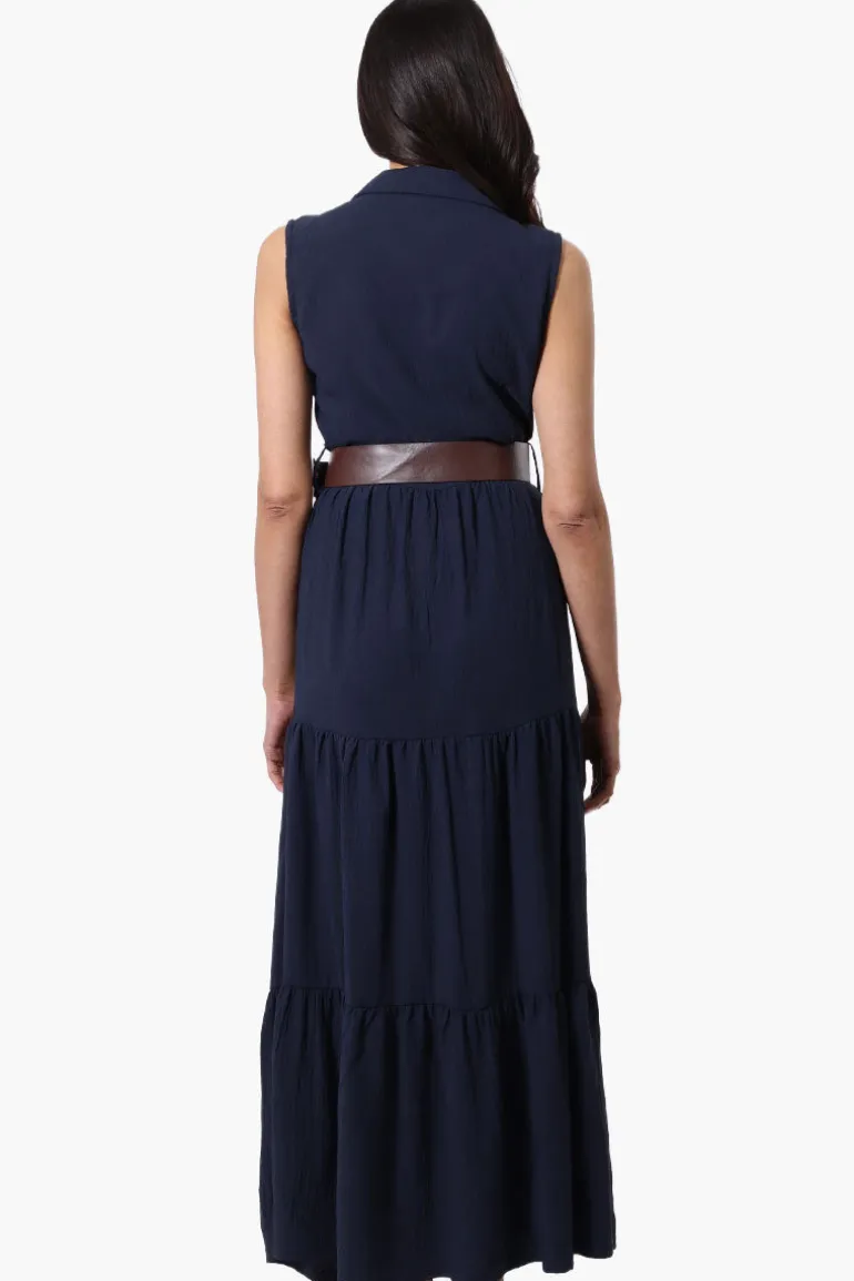 International INC Company Belted Button Down Tiered Maxi Dress - Navy