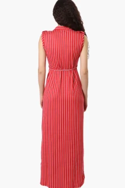 International INC Company Striped Belted Button Down Maxi Dress - Red