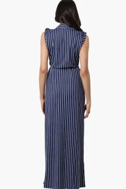International INC Company Striped Belted Button Down Maxi Dress - Navy