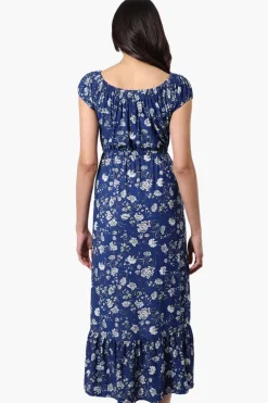 International INC Company Floral Ruffled Button Down Midi Dress - Navy