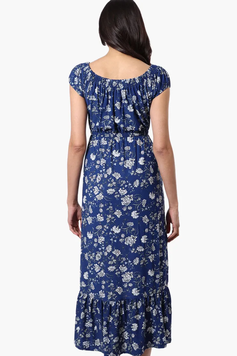 International INC Company Floral Ruffled Button Down Midi Dress - Navy