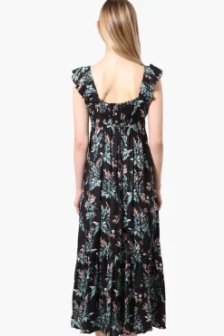 International INC Company Leaf Pattern Ruffle Strap Maxi Dress - Black