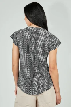 International INC Company Patterned Short Sleeve Cinched Collar Blouse - Black