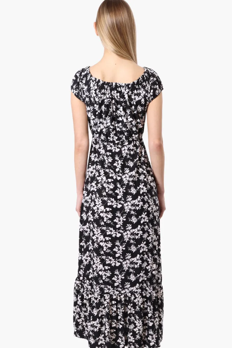 International INC Company Floral Ruffled Button Down Midi Dress - Black