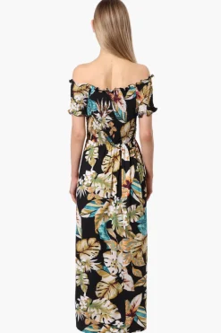 International INC Company Floral Off Shoulder Crossover Maxi Dress - Black