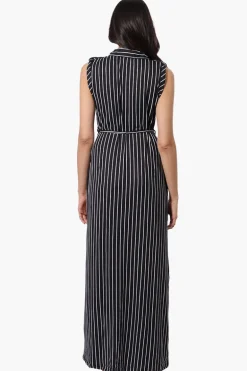 International INC Company Striped Belted Button Down Maxi Dress - Black