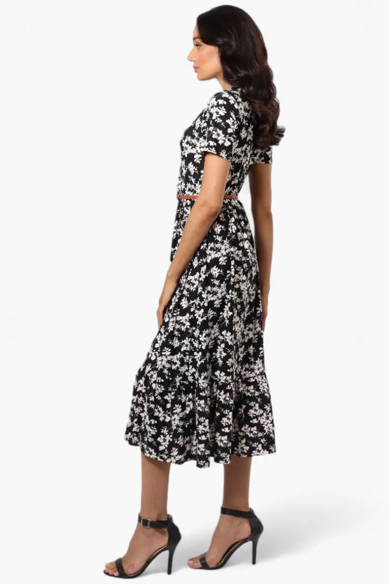 International INC Company Floral Belted Short Sleeve Maxi Dress - Black