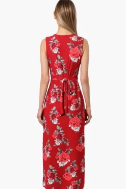 International INC Company Floral Padded Crossover Maxi Dress - Red