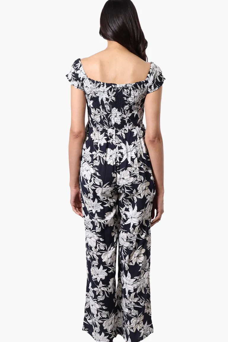 International INC Company Floral Smocked Square Neck Jumpsuit - Navy