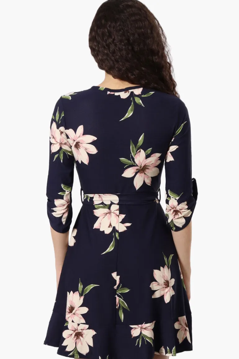 International INC Company Floral Belted Crossover Day Dress - Navy