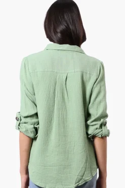International INC Company Roll Up Sleeve Button Down Shirt - Green