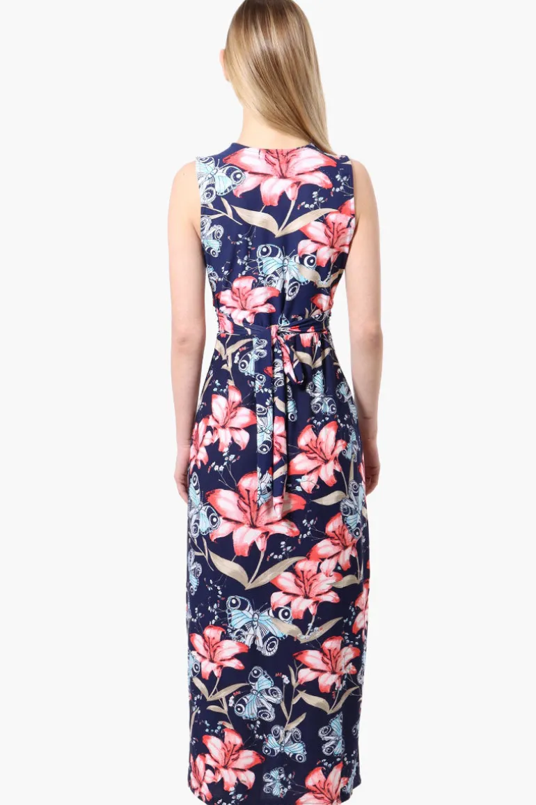 International INC Company Floral Crossover Back Tie Maxi Dress - Navy