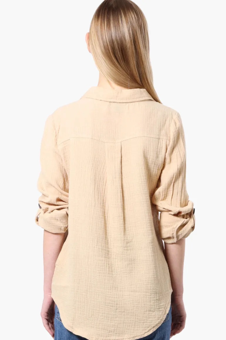 International INC Company Roll Up Sleeve Button Down Shirt - Cream