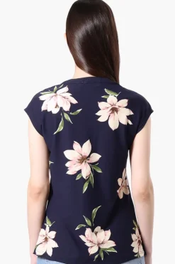 International INC Company Floral Cap Sleeve Henley Shirt - Navy