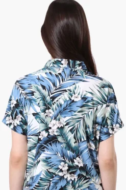 International INC Company Leaf Pattern Button Up Cropped Shirt - Green