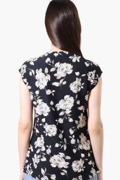 International INC Company Floral Cap Sleeve Henley Shirt - Navy