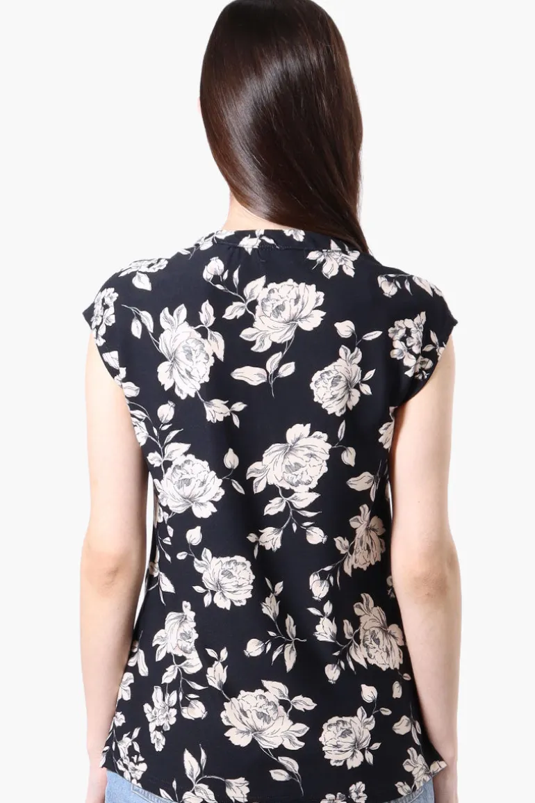 International INC Company Floral Cap Sleeve Henley Shirt - Navy