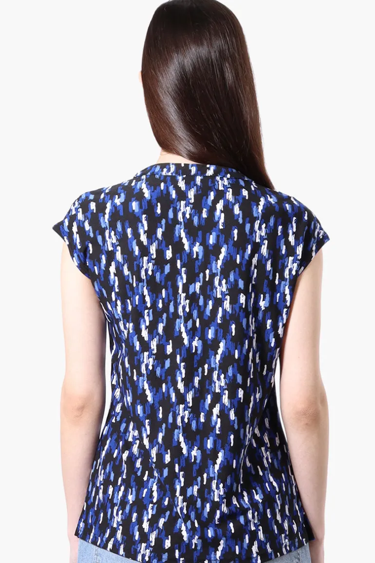 International INC Company Patterned Cap Sleeve Henley Shirt - Blue