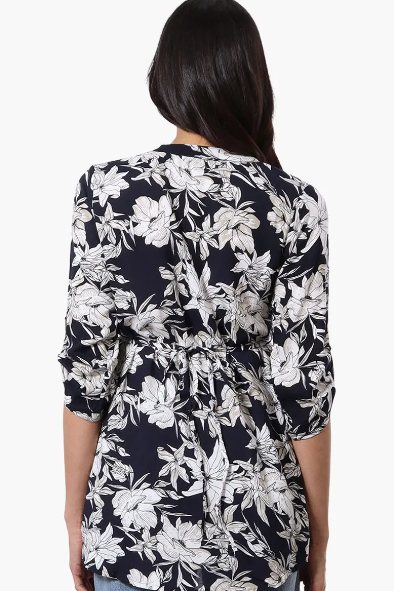 International INC Company Floral Pintuck Blouse - Navy