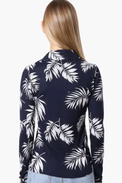 International INC Company Floral Ruched Button Down Shirt - Navy