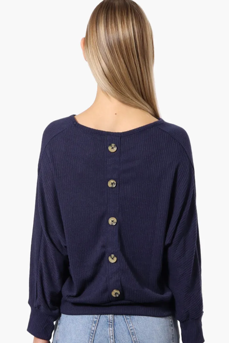 International INC Company Ribbed Button Back Detail Pullover Sweater - Navy