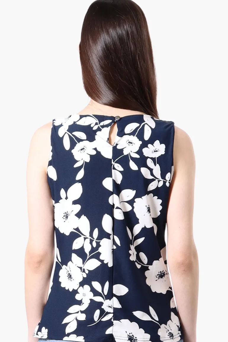 International INC Company Floral Cinched Collar Tank Top - Navy