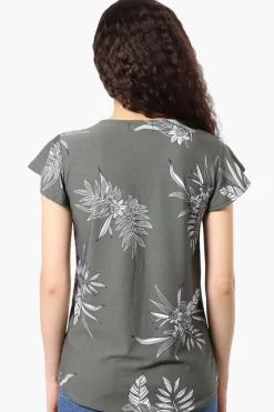 International INC Company Floral Ruffle Sleeve Tee - Olive