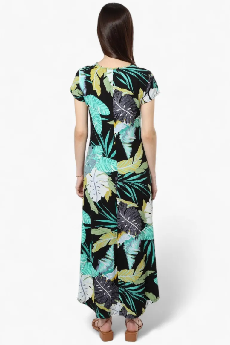 International INC Company Leaf Pattern High Low Maxi Dress - Black