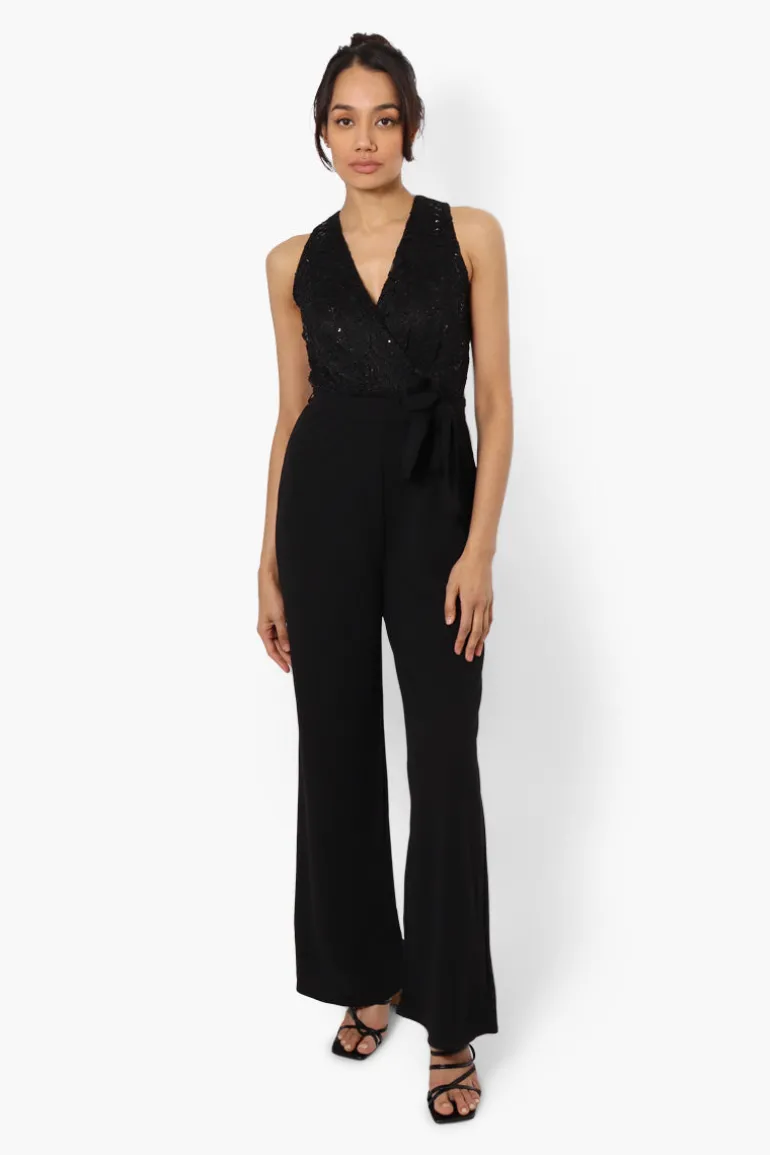 Limite Belted Lace Sequin Jumpsuit - Black