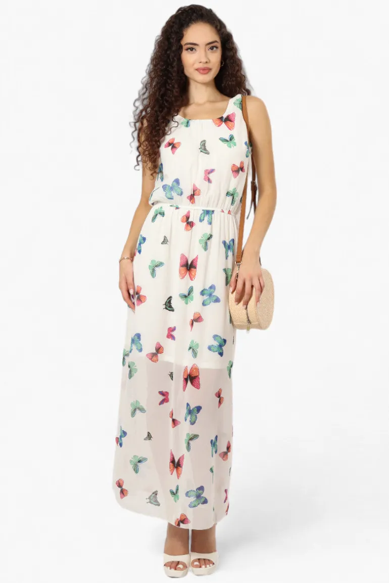Limite Butterfly Pattern Sleeveless Tank Maxi Dress - White