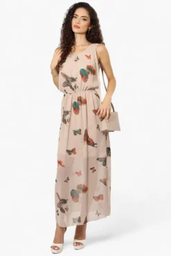Limite Butterfly Pattern Sleeveless Tank Maxi Dress - Taupe