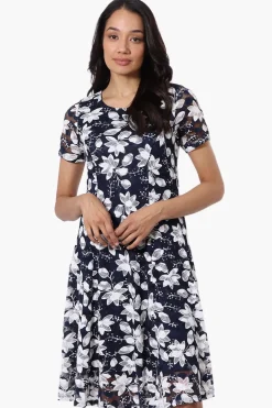 Limite Floral A-Line Mesh Day Dress - Navy