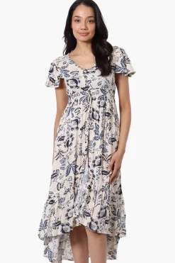 Limite Floral Cinched Waist High Low Midi Dress - Cream