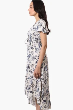 Limite Floral Cinched Waist High Low Midi Dress - Cream