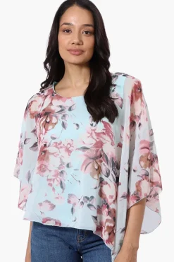 Limite Floral Cold Shoulder Poncho Blouse - Aqua