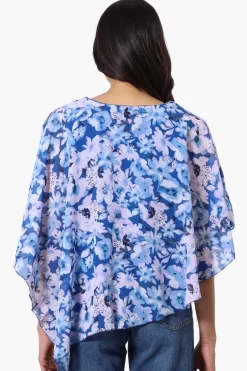 Limite Floral Cold Shoulder Poncho Blouse - Blue