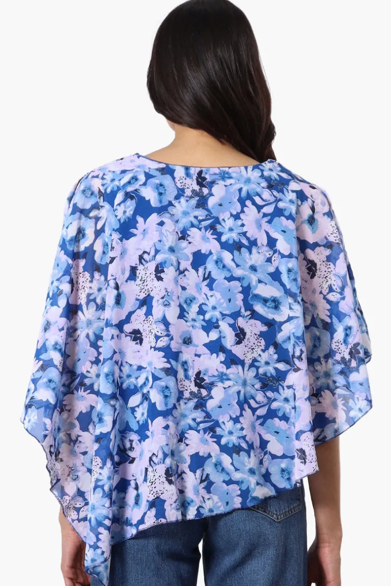 Limite Floral Cold Shoulder Poncho Blouse - Blue
