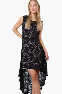 Limite Floral Lace High Low Prom Dress - Black
